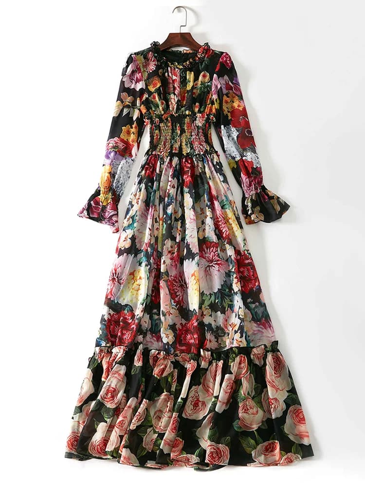 Robe d'été élégante en mousseline de soie pour femmes, imprimé floral, manches longues, col à volant