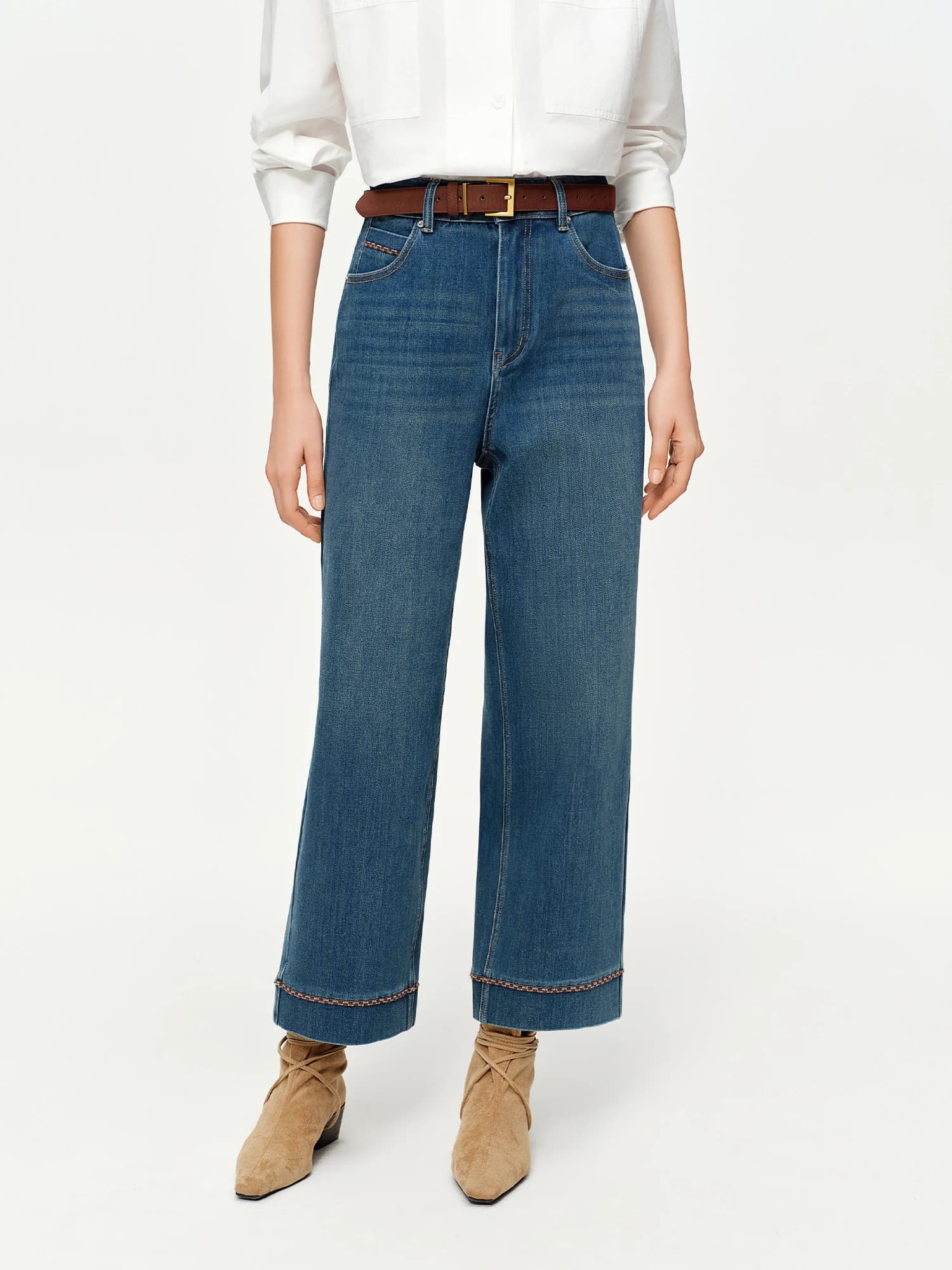 DUSHU Double longueur jean femmes taille haute coupe ajustée classique Baguette pantalon taille haut