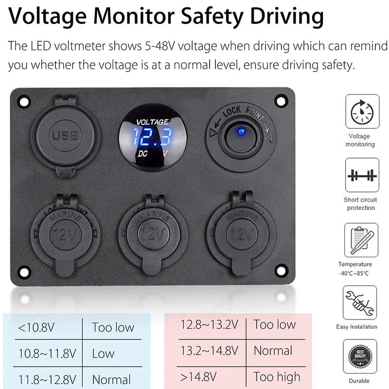 Prise de courant multipanneau Laguna, allume-cigare, chargeur USB, voltmètre LED, interrupteur inter