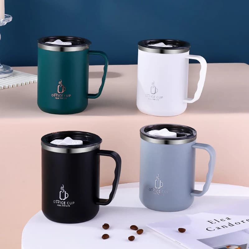 Tasse à café à double couche en acier inoxydable 500 avec couvercle et poignée en plastique, bouteil