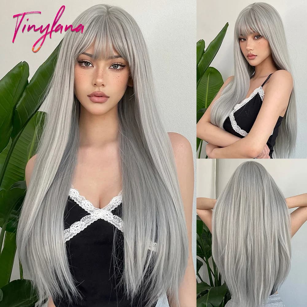 Perruques synthétiques longues et lisses gris cendré argenté, cheveux naturels Lolita Cosplay avec f