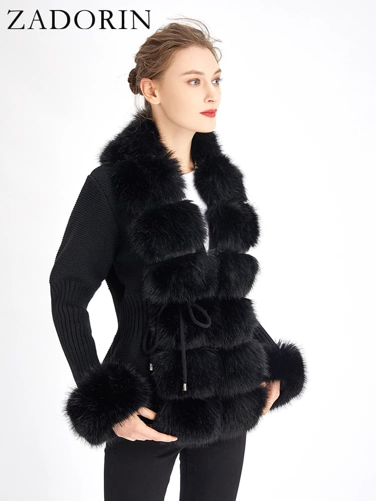ZADORIN luxe fourrure Cardigan tricot hiver pull femmes élégant détachable fourrure ceinture blanc r