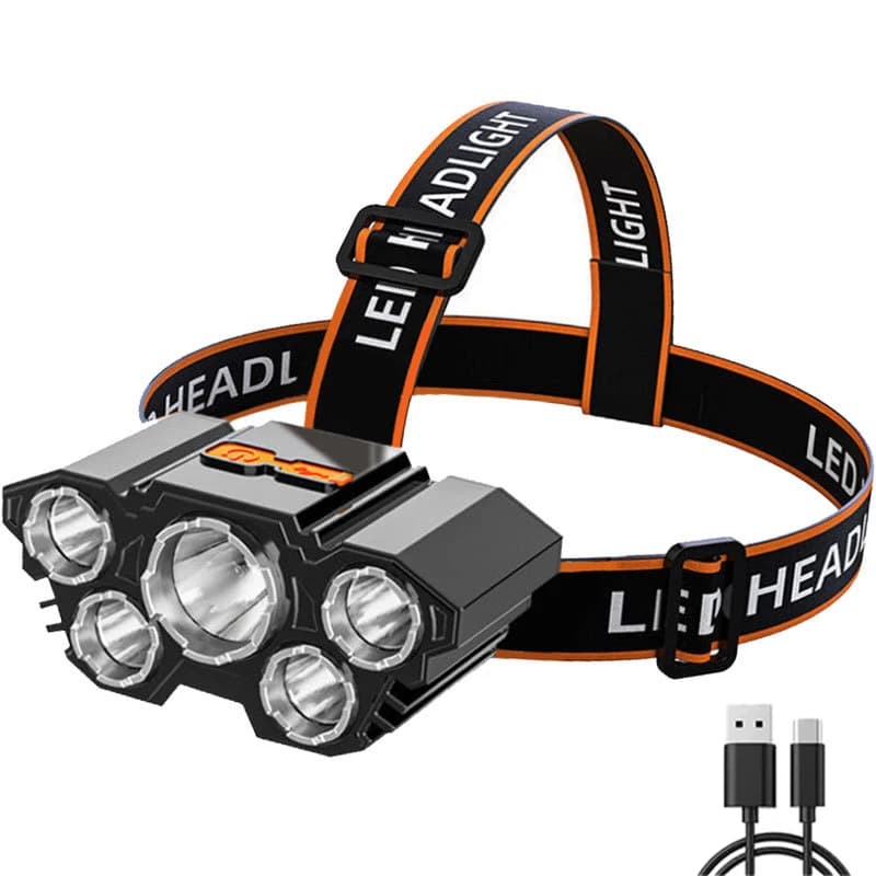 Lampe frontale à 5 Led Rechargeable par Usb, Super brillante, puissante, montée sur la tête, batteri