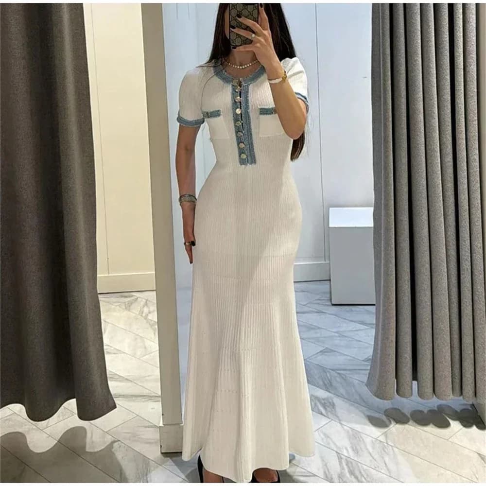 Robe Maxi en tricot pour femmes, élégante, contrastée, Chic, col rond, manches courtes, boutons méta