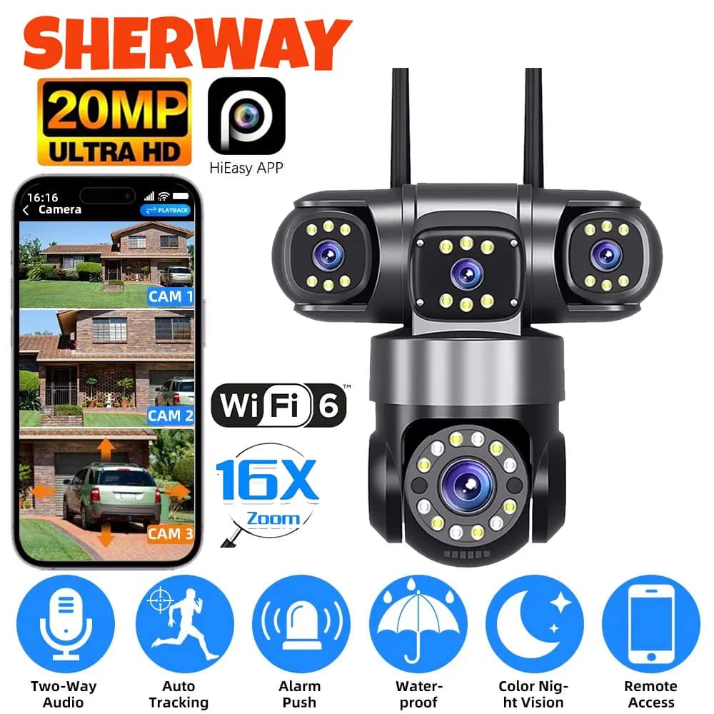 Caméra de sécurité WiFi 10K 20MP pour l'extérieur, zoom 16X, objectif 4, écran 360 °   Caméra PTZ IR