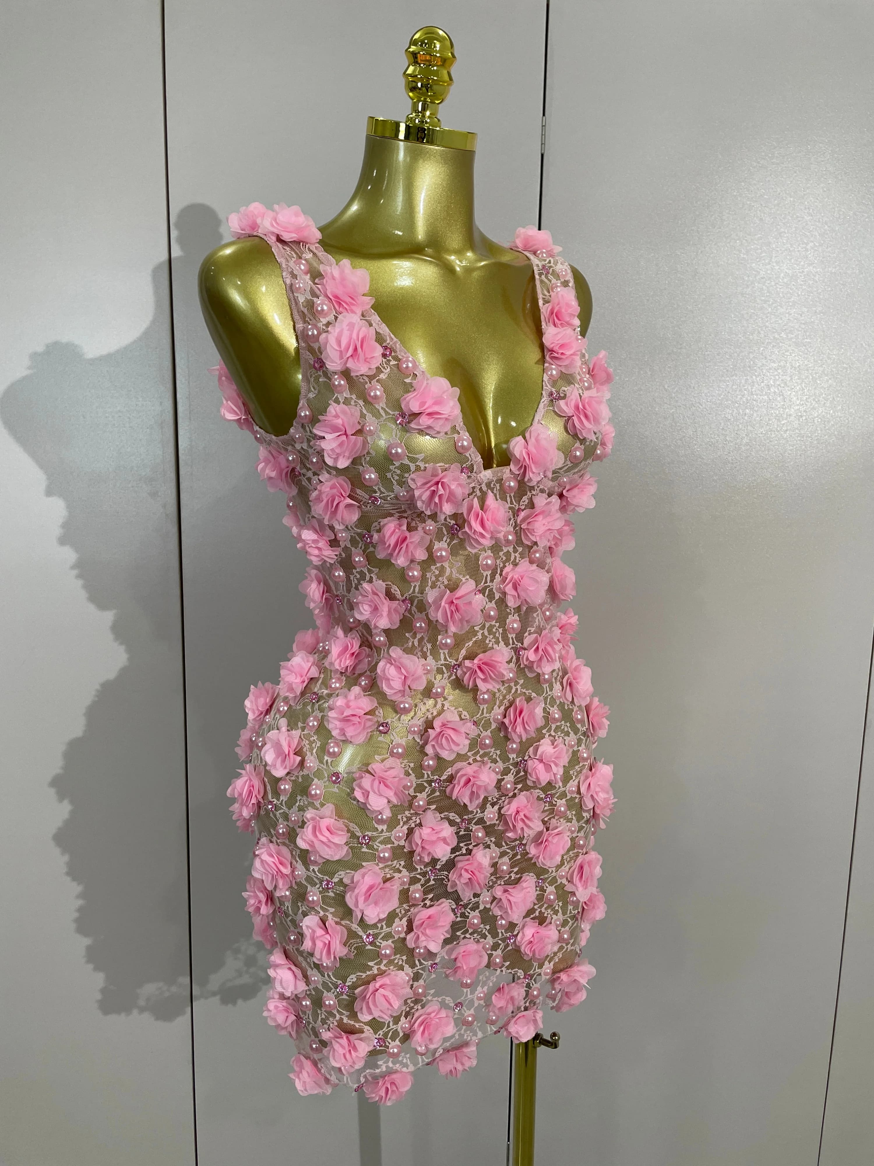 Robe de soirée pour femmes, robe de club, robe d'anniversaire, robe rose à fleurs en perles, robe en