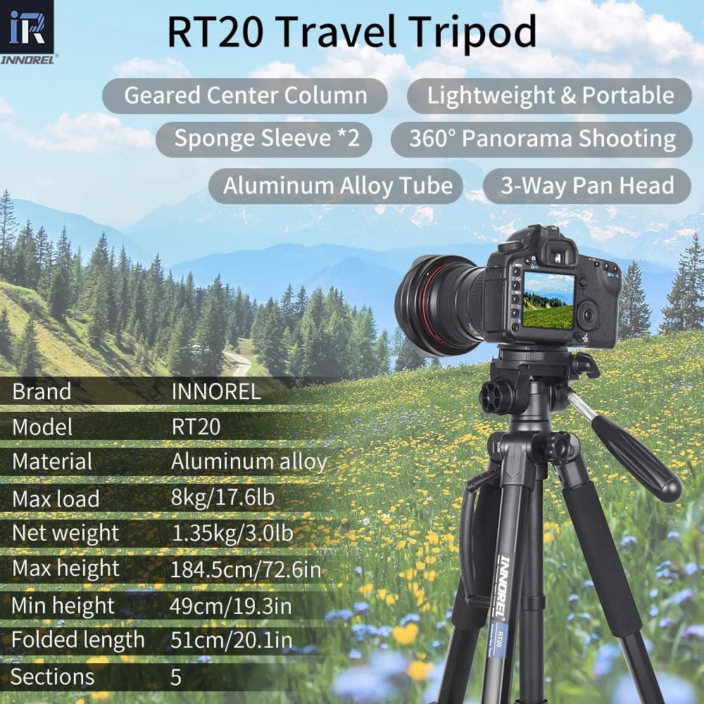 INNOREL RT20 – trépied d'appareil photo léger de 184cm de hauteur, support professionnel de voyage p