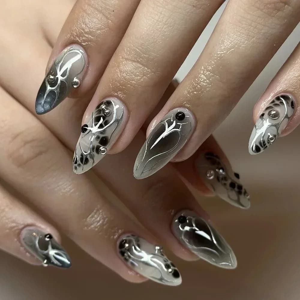 24 pièces Y2k amande acrylique ongles couverture complète 3D diamant noir Nail Art doux Cool françai