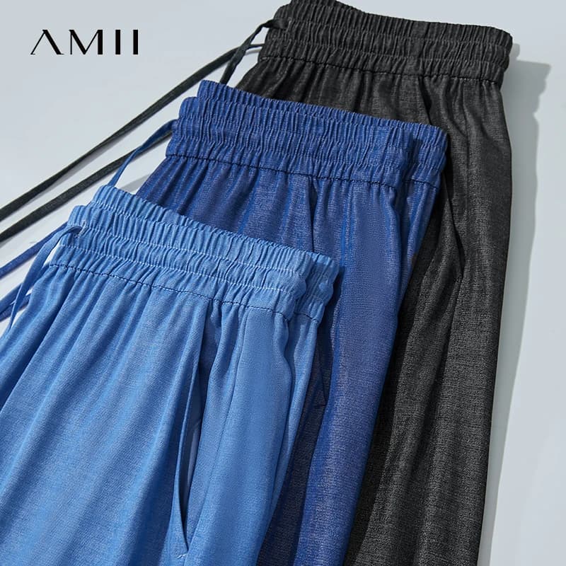 AMII décontracté pantalons d'été femmes 2025 nouveau solide cordon taille élastique ample droit Long