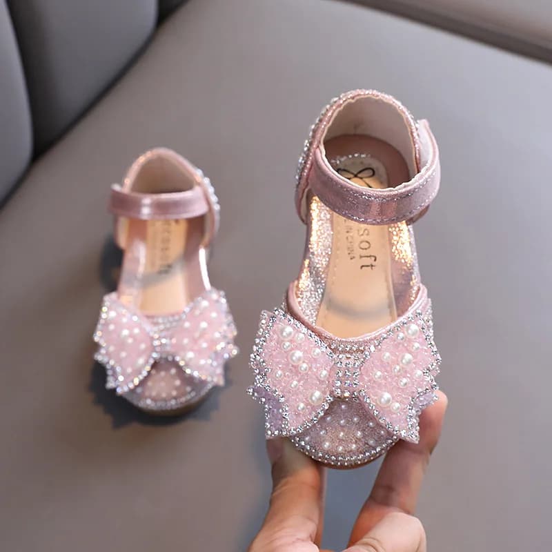 Sandales d'été plates de princesse pour filles, chaussures à paillettes avec nœud en strass, chaussu
