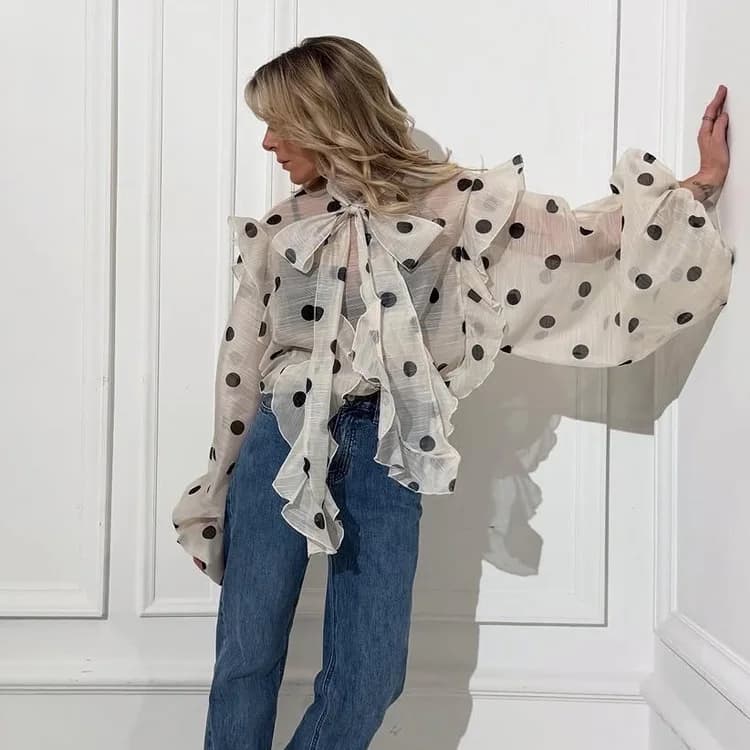 Nouvelle Blouse Femme Élégante Beige Imprimée 2026, Décontractée, Col à Lacets, Manches Bouffantes, 