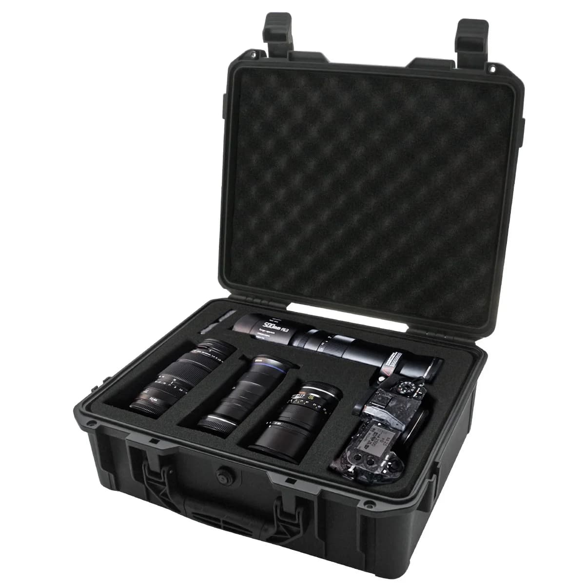Valise noire étanche et durable pour appareil photo/outils, intérieur en mousse personnalisable, por