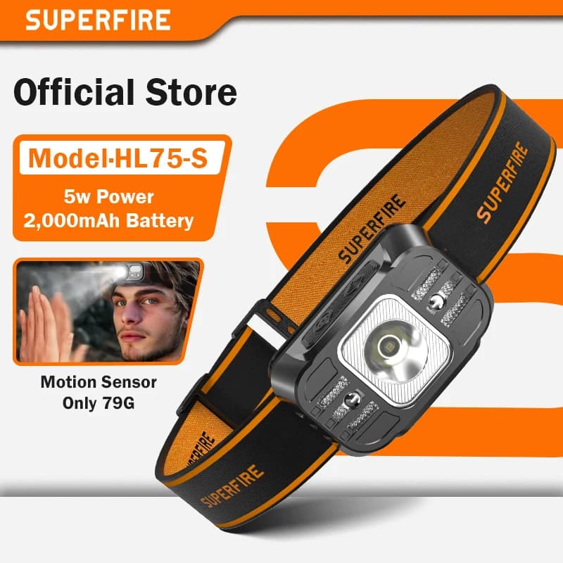 SUPERFIRE Mini LED USB C Rechargeable haute puissance Mini lampe frontale capteur de lumière phare a