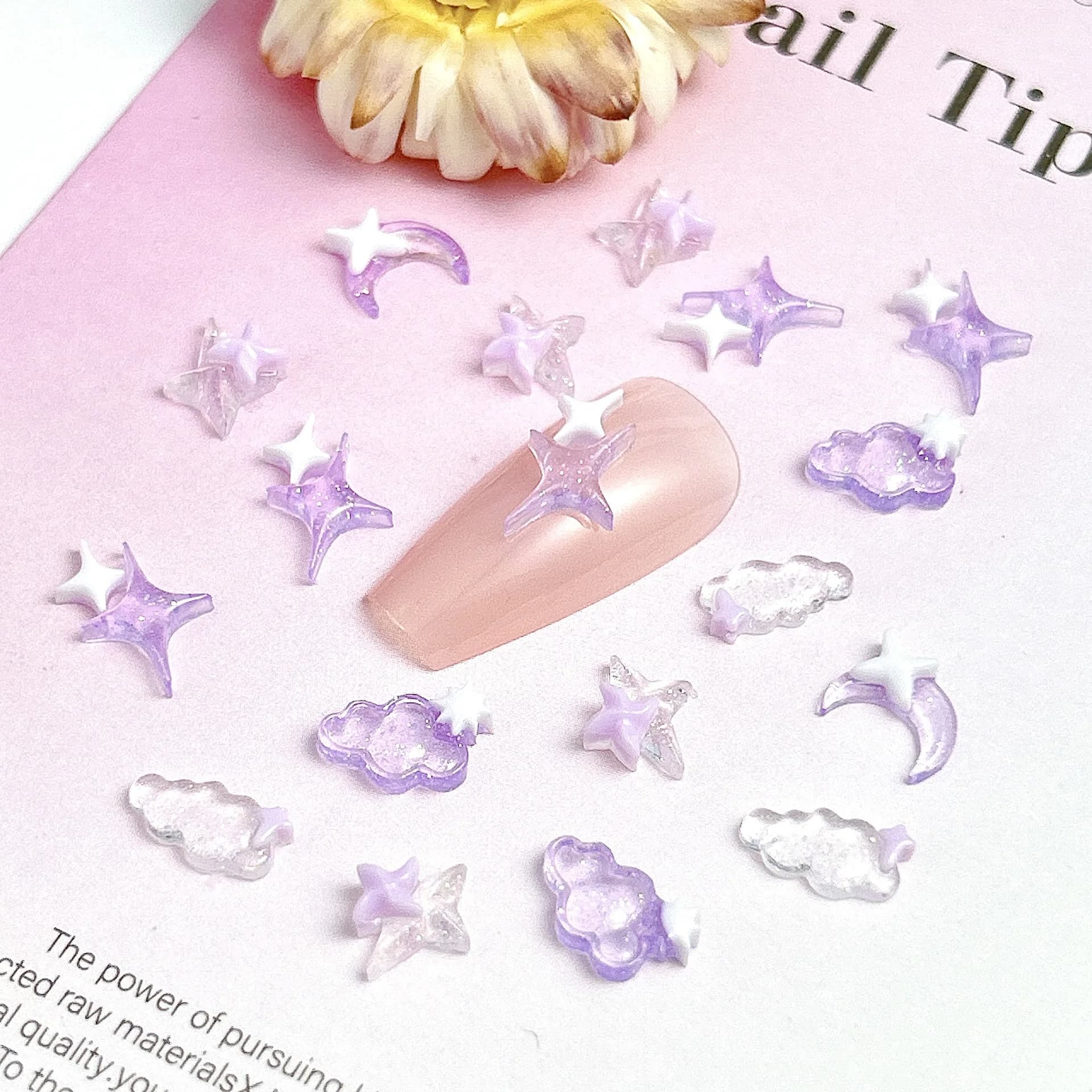 Breloques en résine transparente pour Nail Art, lune, nuage, blanc, violet, étoile à quatre branches