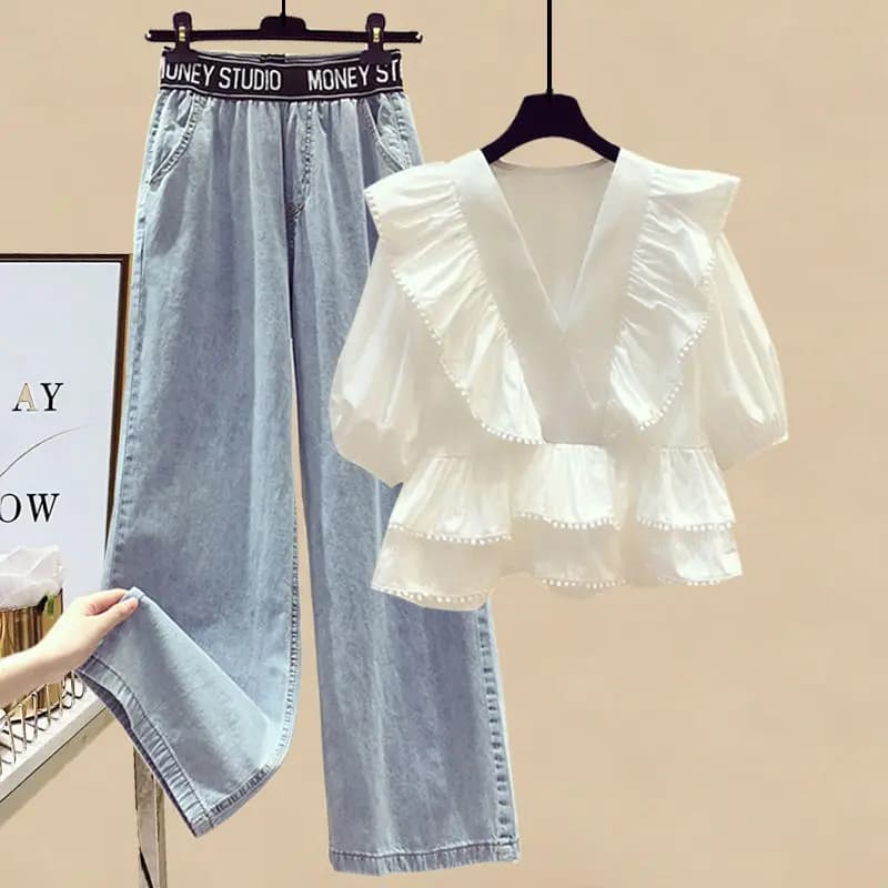 Ensemble pantalon élégant d'été pour femmes, chemise plissée en mousseline de soie, haut en jean de 