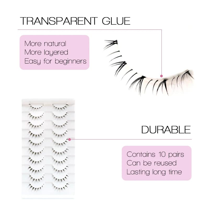 10 paires de cils inférieurs Manga, bande transparente, vaporeux, petite flamme sous les yeux, maqui