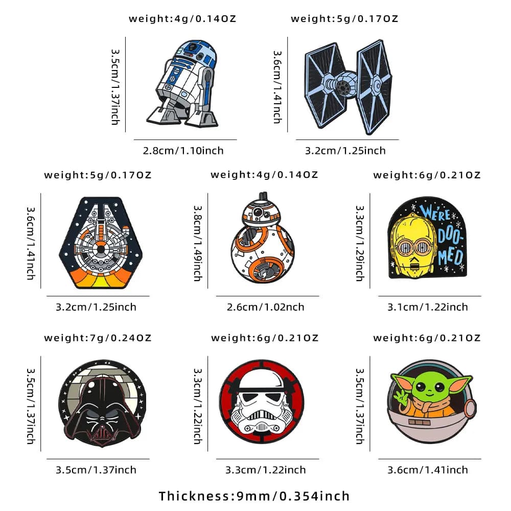 Ensemble de 8 épingles à revers en émail Star Wars - R2-D2 BB8 Darth Vader Personnages de dessins an