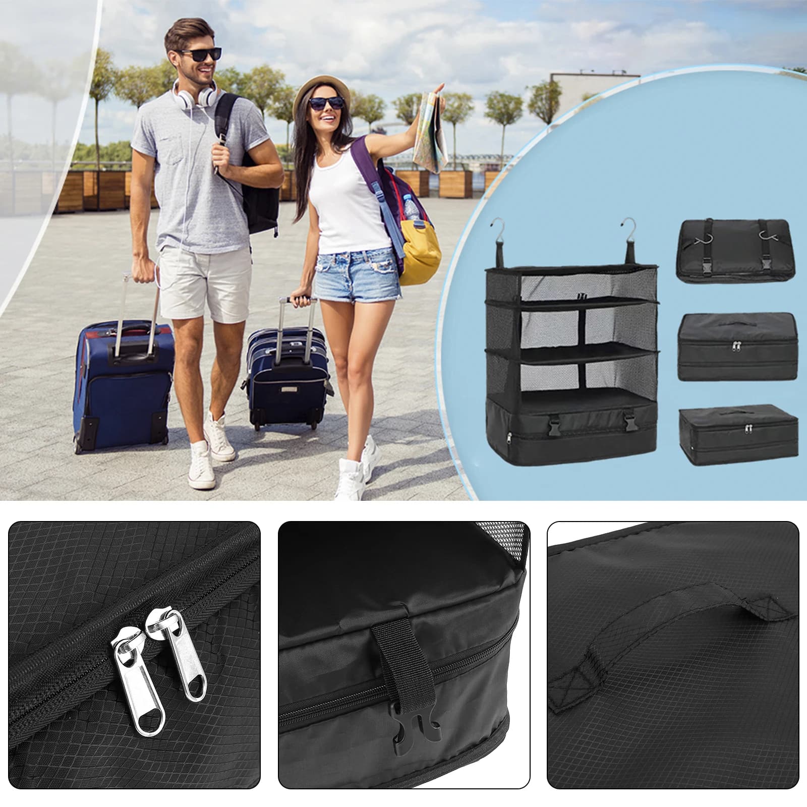Organisateur de bagages de voyage, étagères de voyage portables, sac de valise à 3 étagères, Cube d'