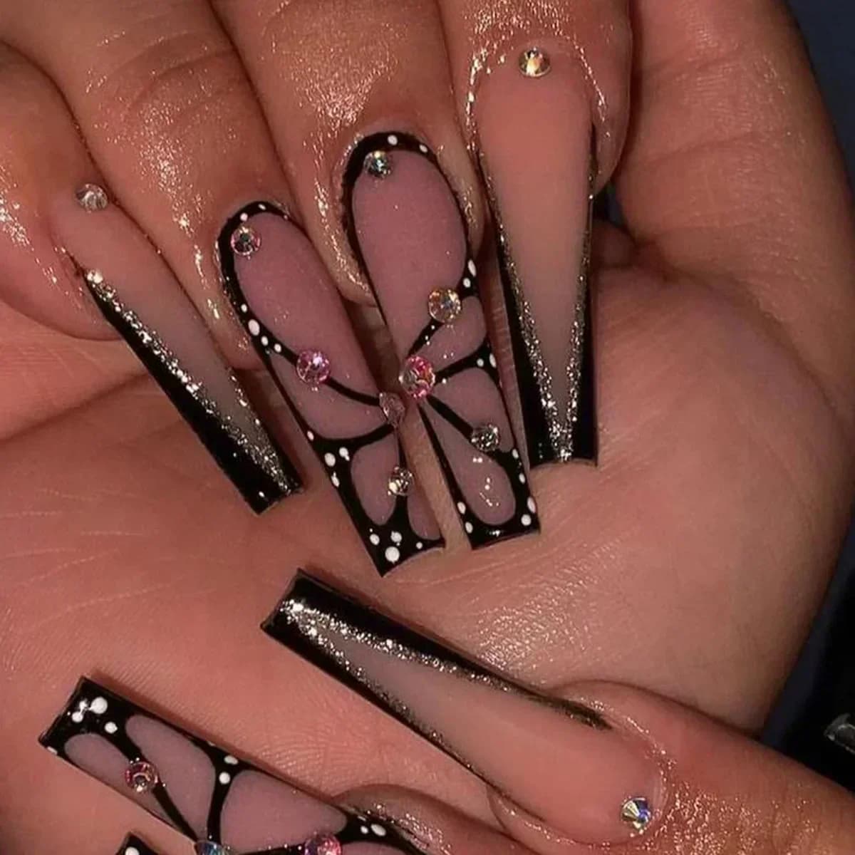 Faux ongles de Ballet longs, 24 pièces, papillon rose avec strass, Design français, portables, à pre