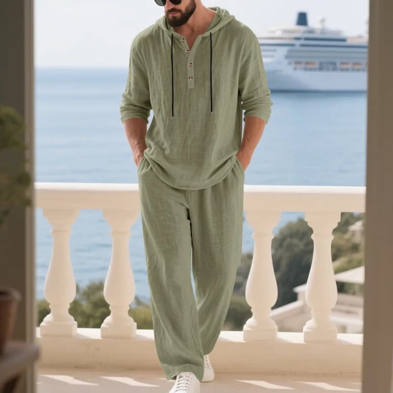 Costume décontracté en lin pour hommes, chemise Henley ample à capuche, pantalon à manches longues, 