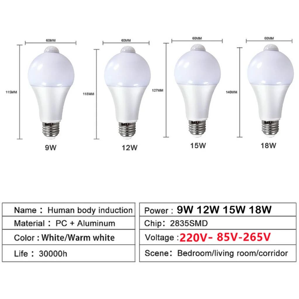 9/12/15/18/20W E27 LED capteur de mouvement ampoule lampe à LED PIR capteur lumière automatique marc