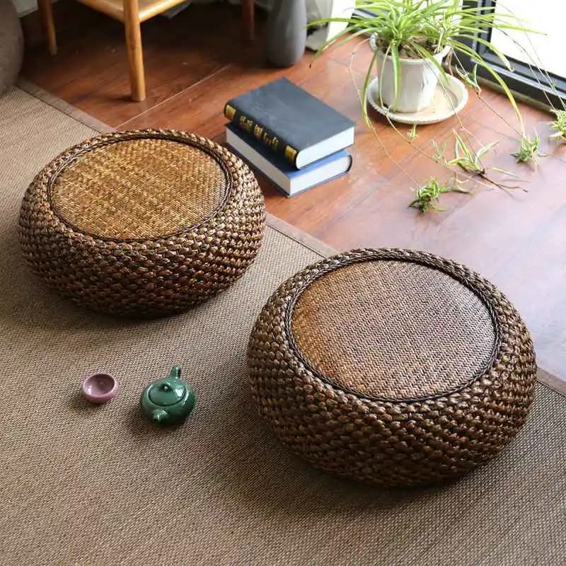 Coussin en rotin de paille, Pouf de siège de sol fait à la main, repose-pieds ottoman en paille tric