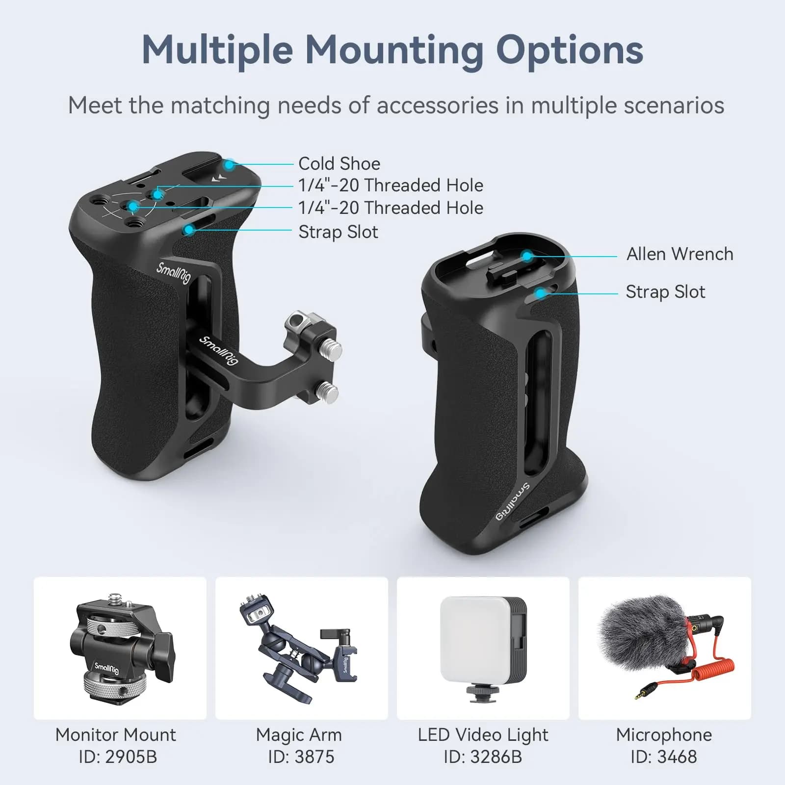 SmallRig-Poignée latérale universelle en aluminium et silicone pour appareil photo reflex numérique,