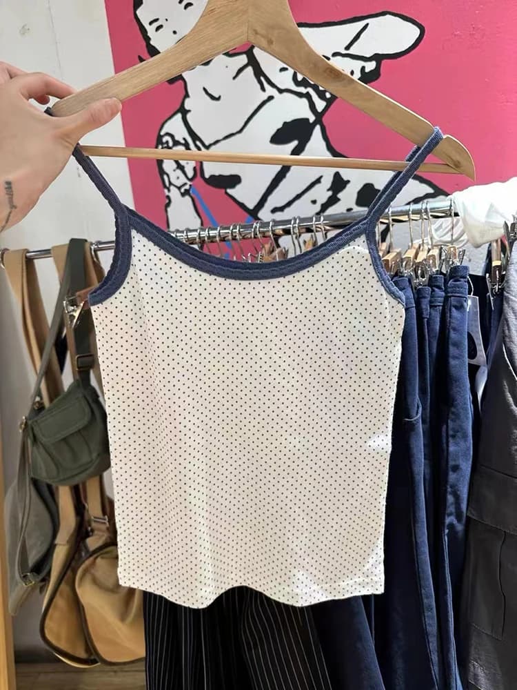 Camisole courte à pois à œillets pour femmes, haut court en fibre de coton, patchwork vintage, dente