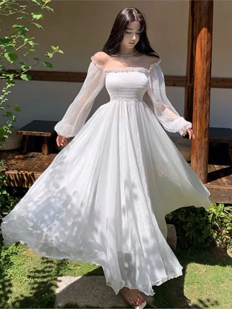 Robes de plage de vacances élégantes pour femmes, couleur unie, manches bouffantes, col Slash, épaul