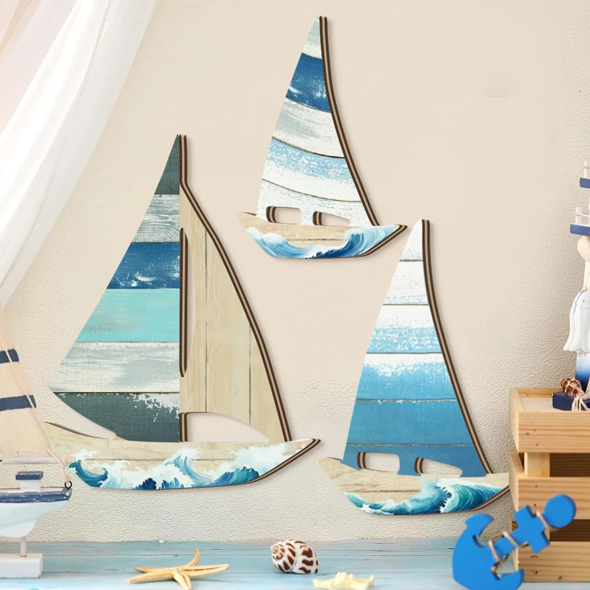 1 ensemble de décorations murales en bois en forme de voilier bleu style océan 2D, décoration murale