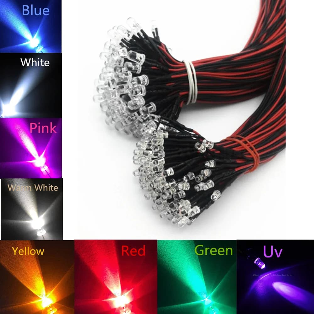 Diodes LED transparentes DC3V 5V 12V 24V 3MM 5MM 10MM pour pré-câble rouge/vert/bleu/jaune/UV/Orange