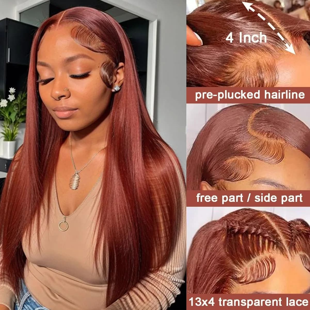 Perruque Lace Frontal Wig brésilienne naturelle lisse, cheveux lisses, brun rougeâtre, 32 pouces, 13
