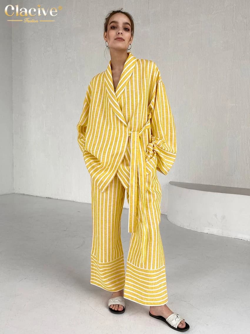 ClacMarkets-Costumes de maison à rayures jaunes décontractés pour femmes, ensemble 2 pièces, chemise
