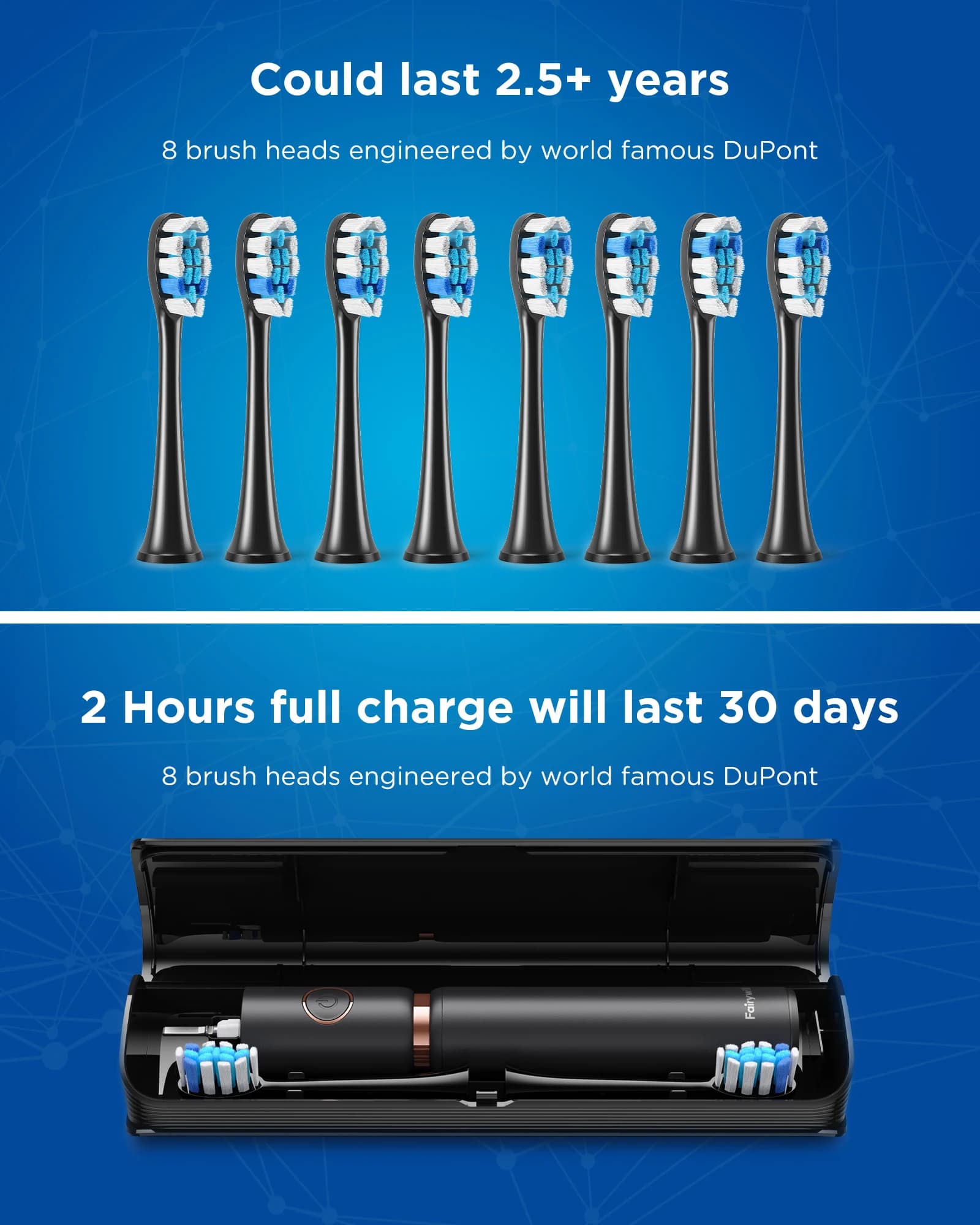 Fairywill – brosse à dents électrique sonique et jet d'eau, Charge USB, étanche, 5 Modes, 3 têtes, n