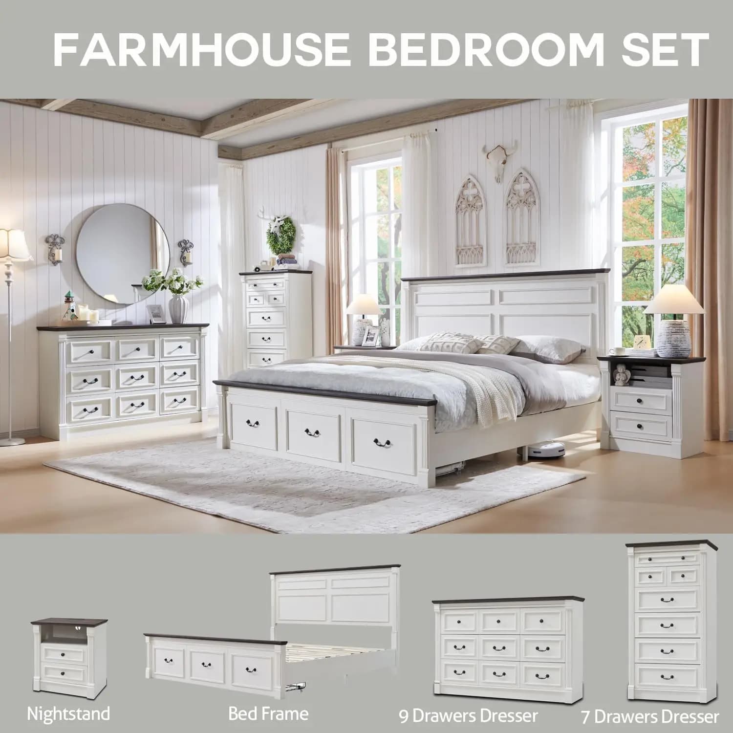 Commode Farmhouse à 7 tiroirs, grande commode à colonne romaine de 57 po, chambre à coucher, couloir