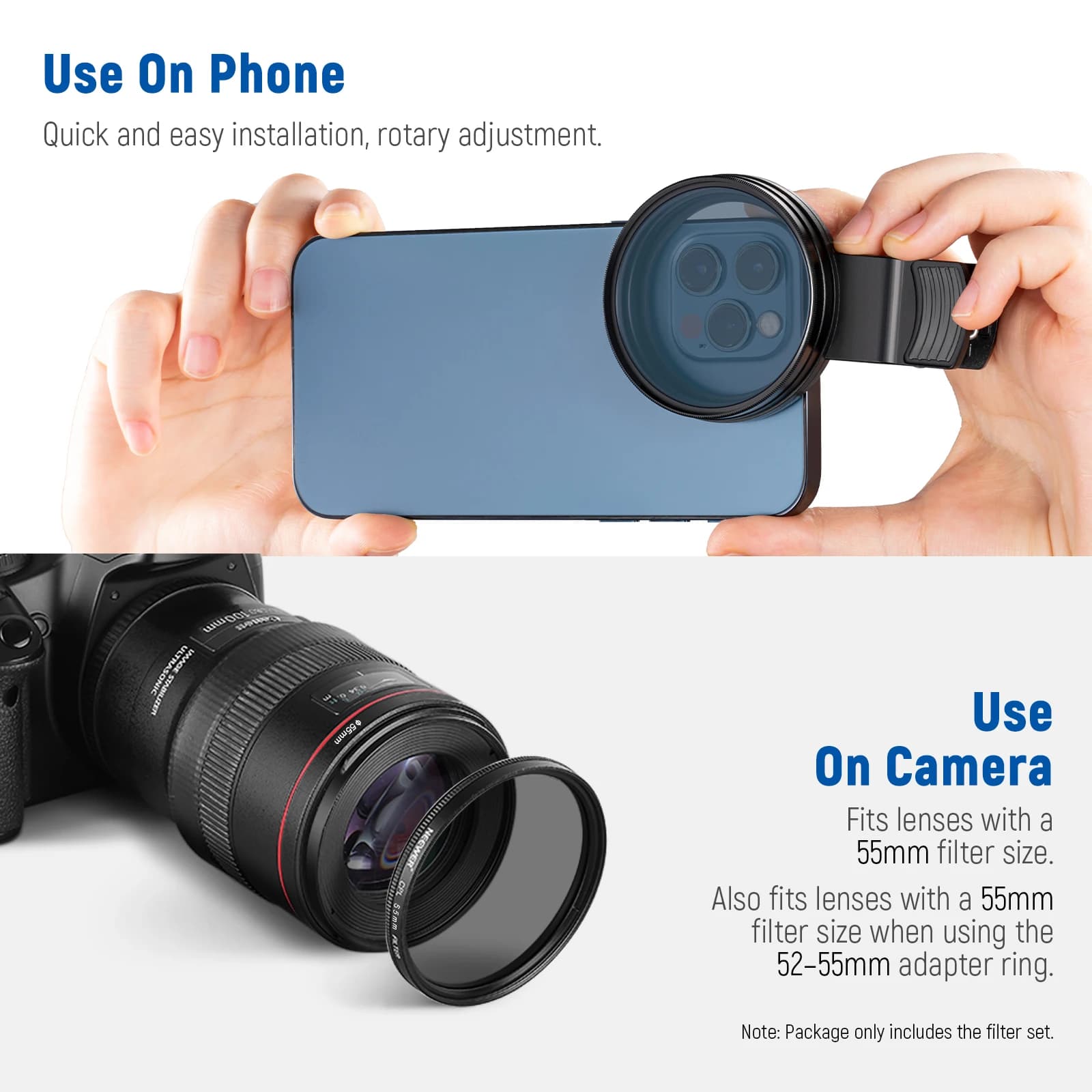 NEEWER – Kit de filtres ND32 ND pour téléphone et appareil photo, CPL, 4 filtres de couleur gradués,