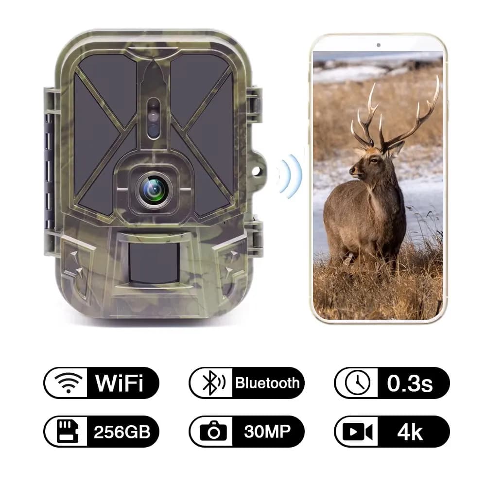 Caméra de chasse 4K 30MP avec diffusion en direct, Wi-Fi, Bluetooth, sans réseau 4G, vision nocturne