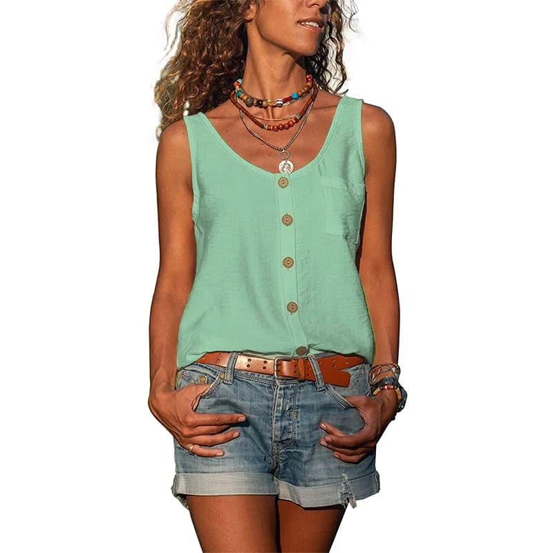 T-shirt de vacances en mousseline de soie pour femme, débardeur ample, boutons, décontracté, sans ma