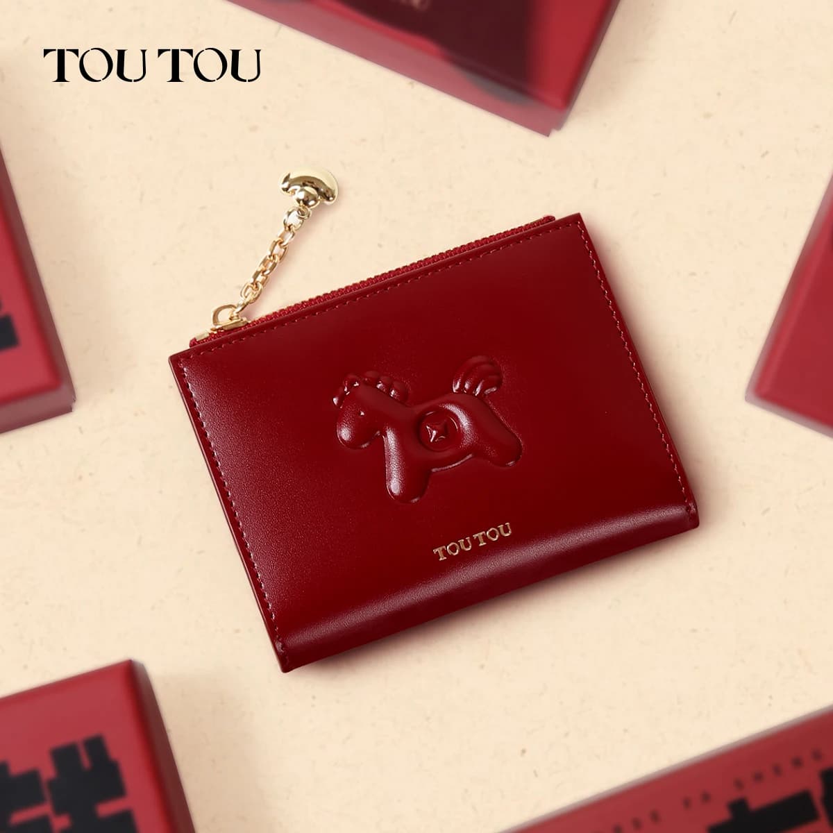 Portefeuille toutou rouge en cuir de vachette, un porte-monnaie léger et compact pour cartes et pièc