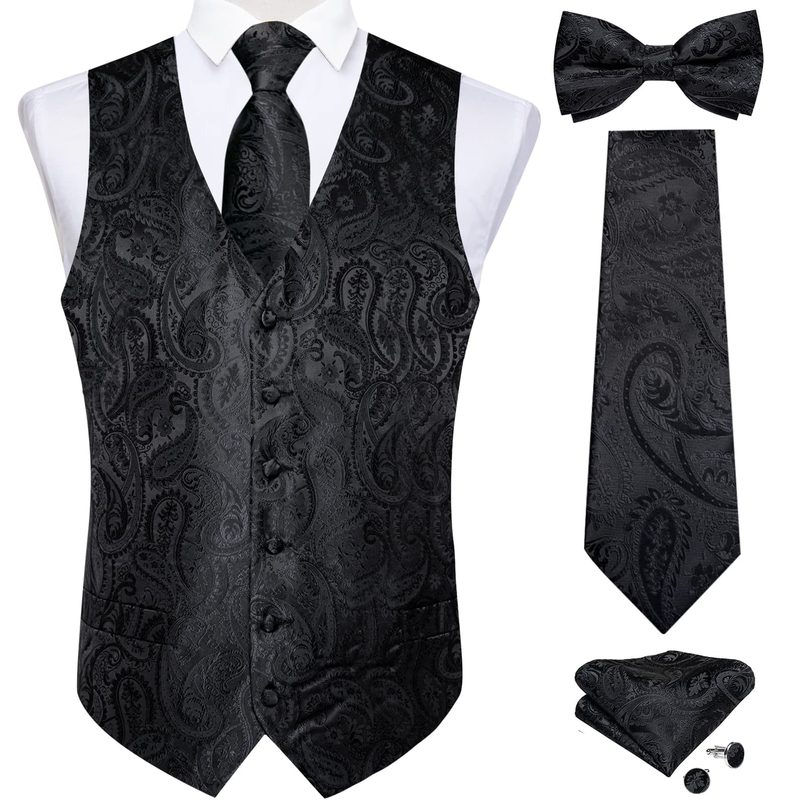 Gilet de costume Paisley noir solide pour hommes, avec cravate, nœud papillon, mouchoir, boutons de 