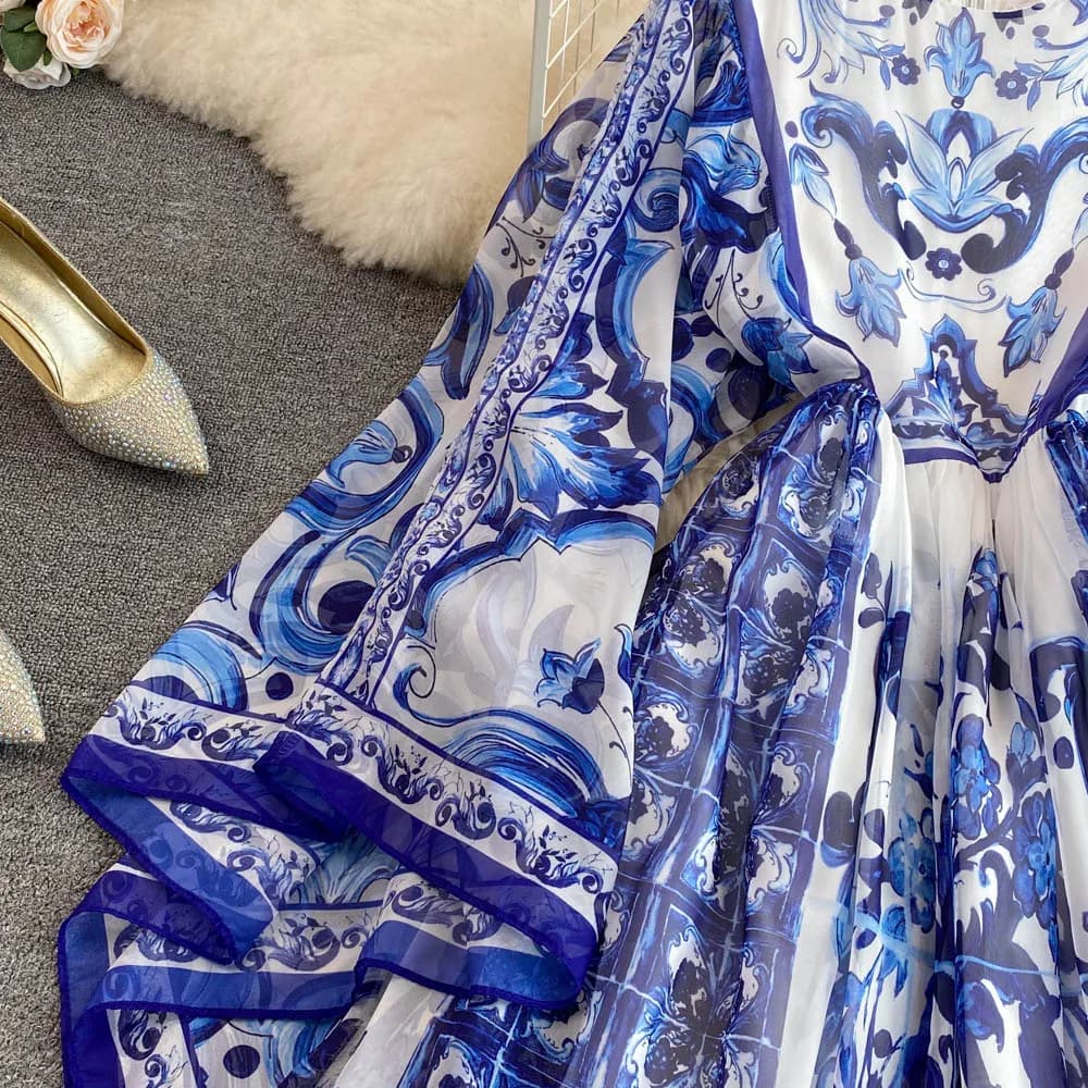 Robe Maxi à manches chauve-souris pour femmes, imprimé porcelaine bleue et blanche, style bohème, va