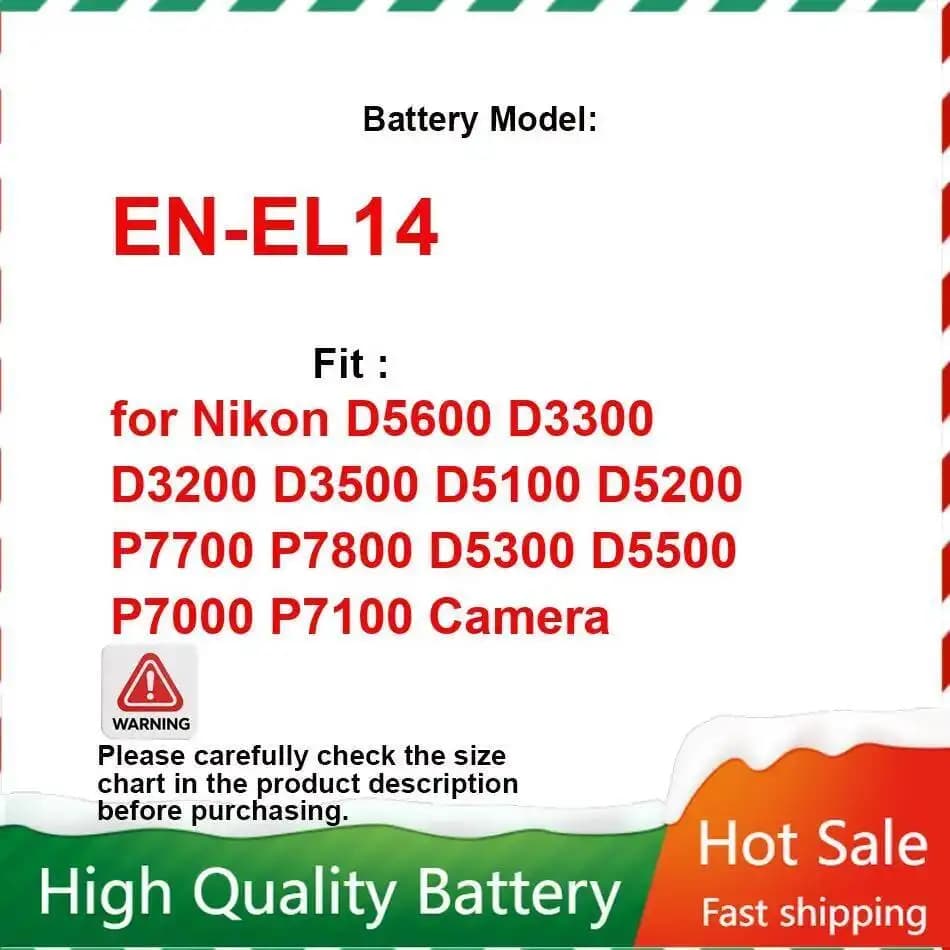 Batterie d'appareil photo EN-EL14 1030Mah pour Nikon D5600 D3300 D3200 D3500 D5100 D5200 P7700 P7800