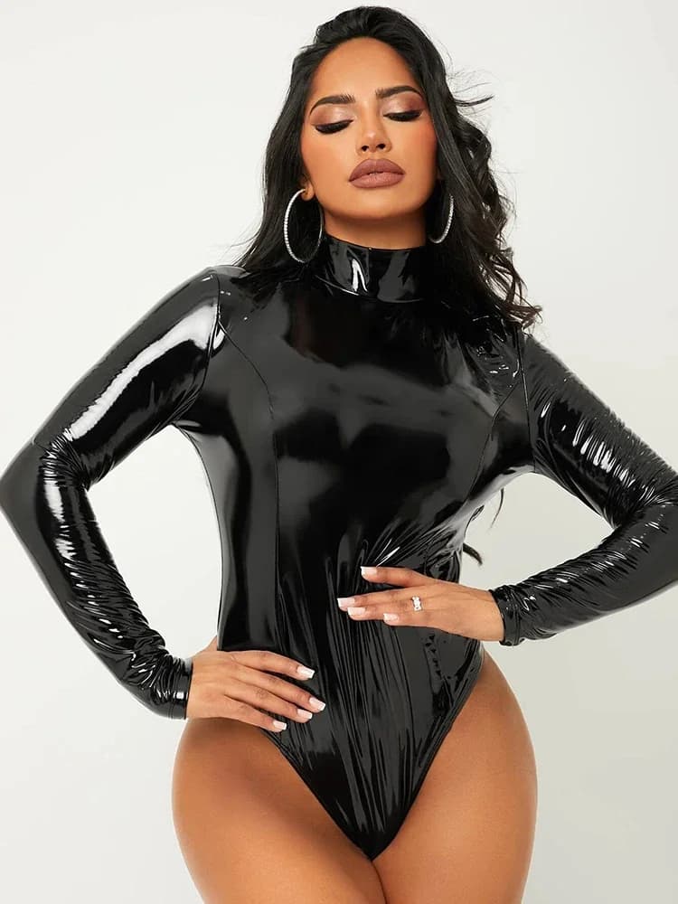 Body en Faux Latex pour femmes, col haut, manches longues, Sexy, moulant, combinaisons en PVC, exten