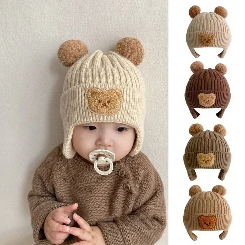 Chapeau en laine pour bébé, ours mignon, protection des oreilles, pour enfants, hiver, épais, chaud,