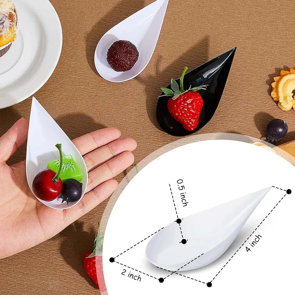 Mini-assiettes en forme de goutte d'eau, cuillères en plastique réutilisables, plats pour desserts e