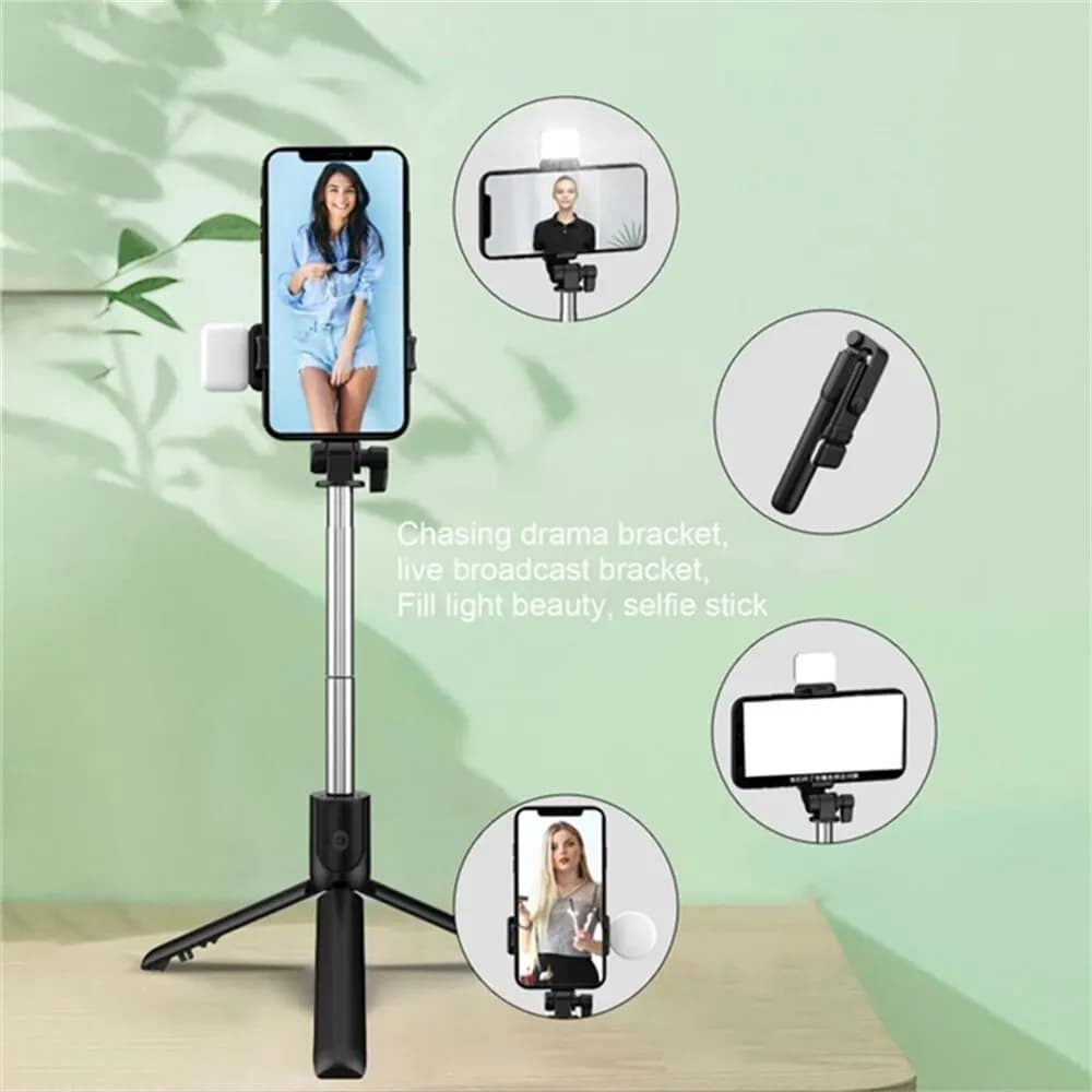 Trépied Portable Bluetooth pour perche à Selfie, avec obturateur à distance, lumière de remplissage,