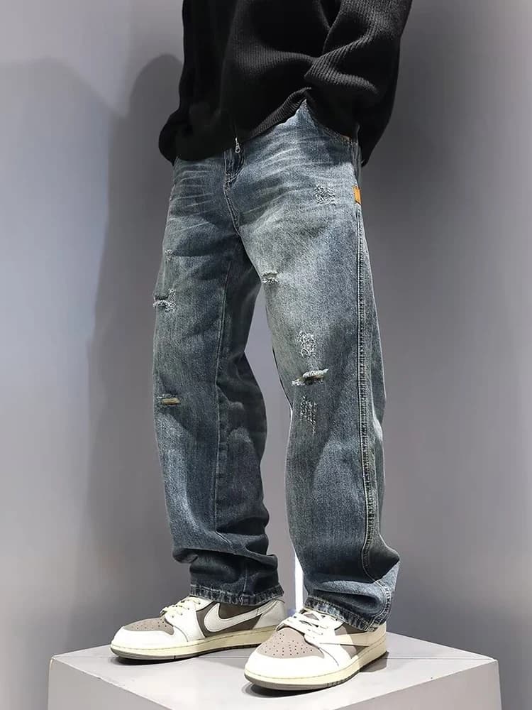 Nouveaux hommes déchiré jean Baggy droit mode Vintage bleu Denim pantalon personnalité Streetwear Hi