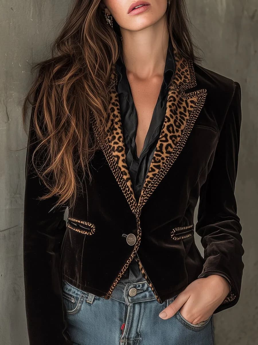 Veste à col léopard pour femmes, automne, bouton unique, Slim, velours, Vintage, élégant, bureau, ma