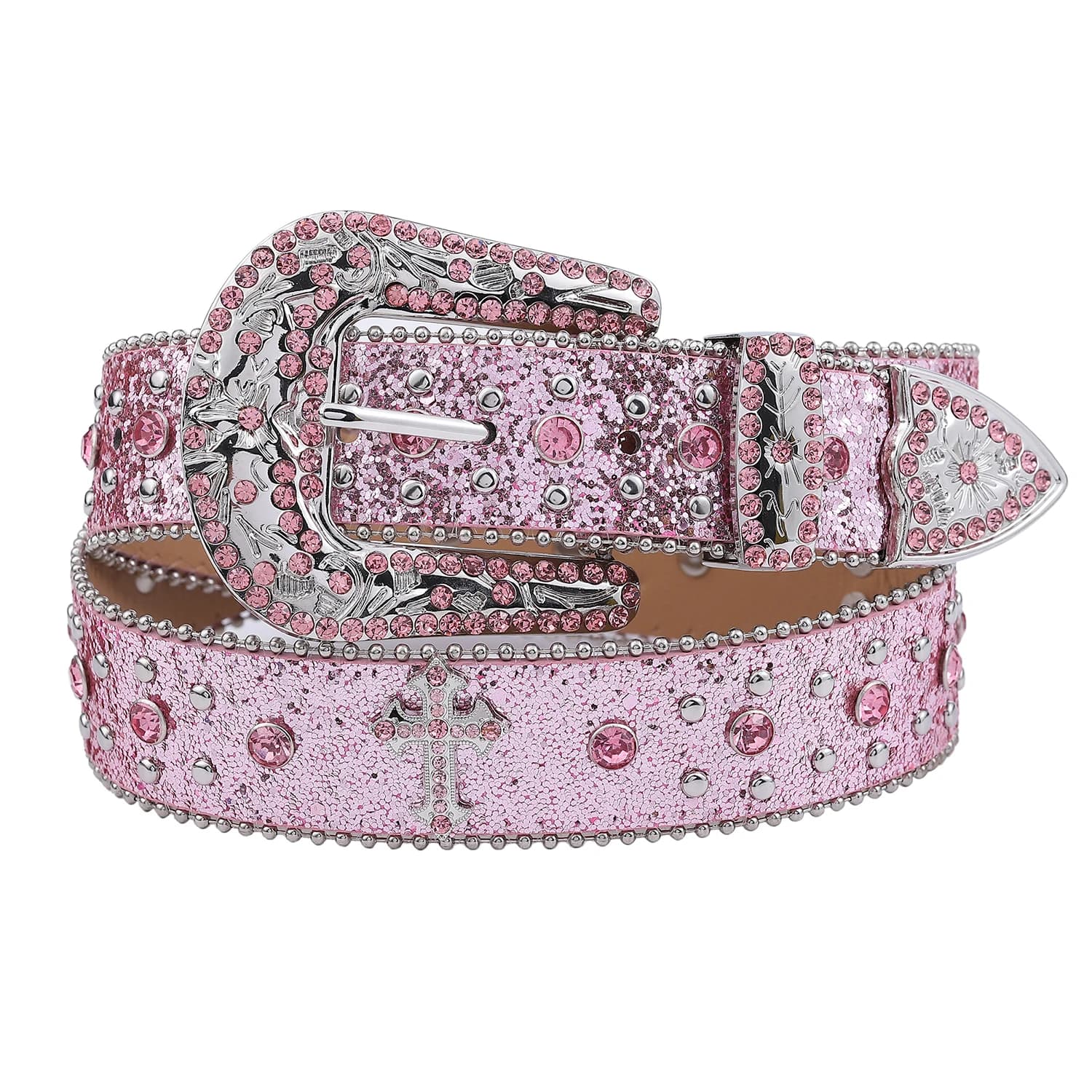 Ceinture en strass rose à rivets croisés scintillants, ceinture en cuir incrusté punk rock pour jean