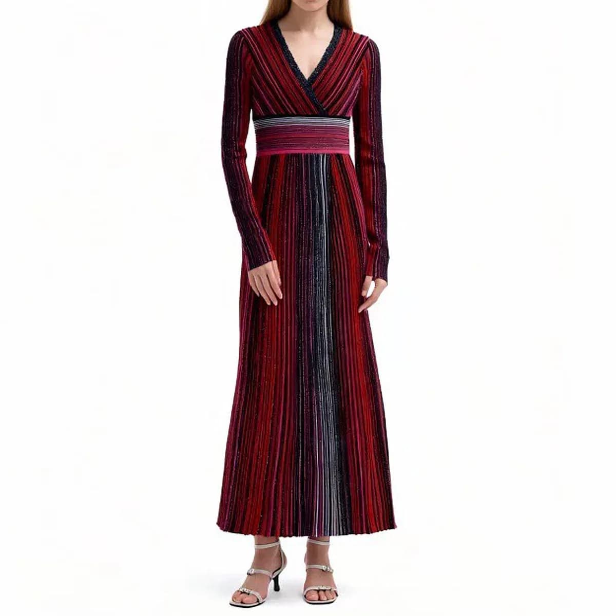 Robe longue trapèze en tricot rayé pour femme, nouveau Style élégant, Slim, ajusté, col en v, manche